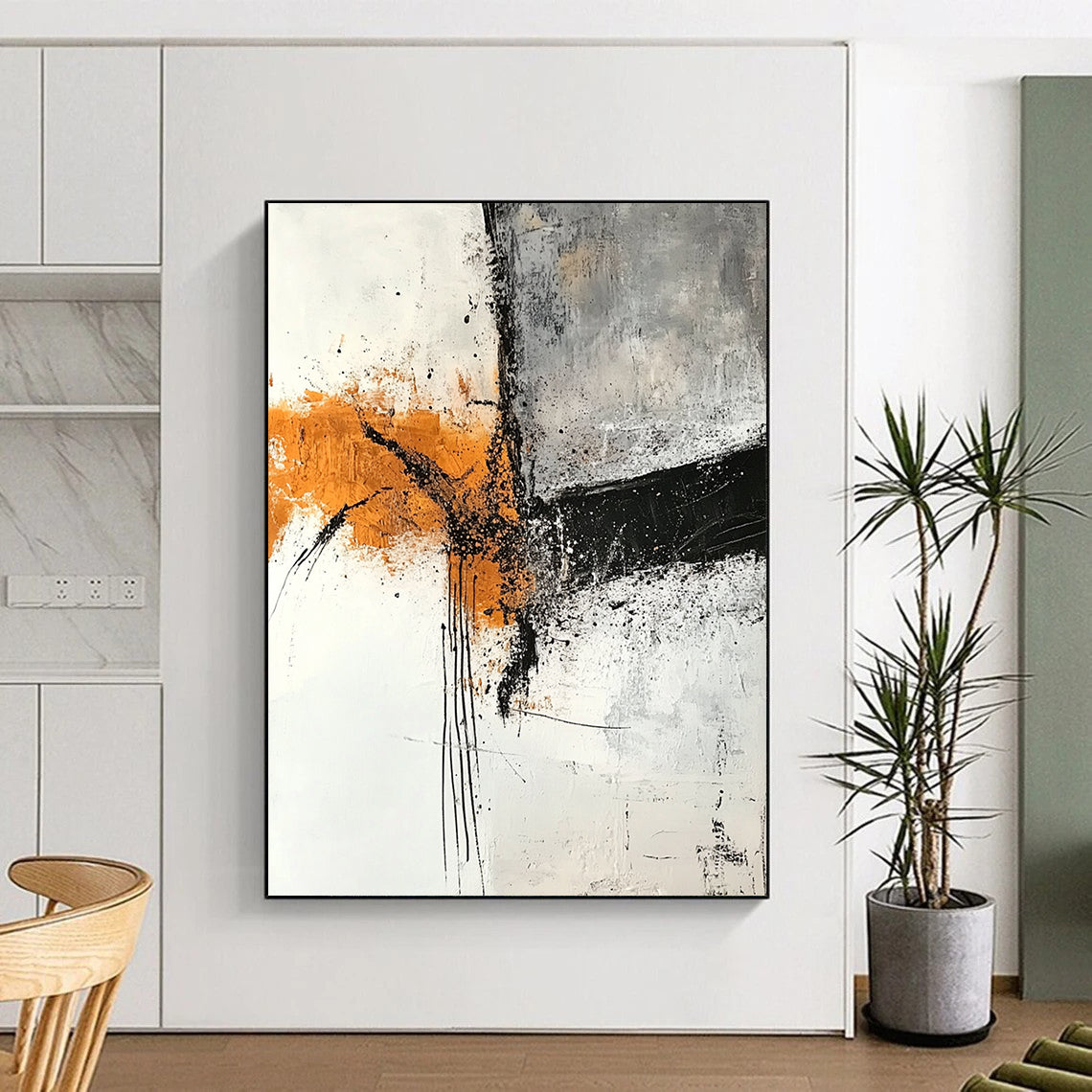 Contemporary abstract artwork featuring textured layers in gray and amber tones with rust orange highlights on a white canvas and expressive black ink lines. DLZ0274