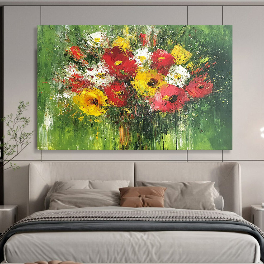 Impasto Flower Bouquet on Green - Vibrant Still - Life Oil Painting On Canvas HB0476