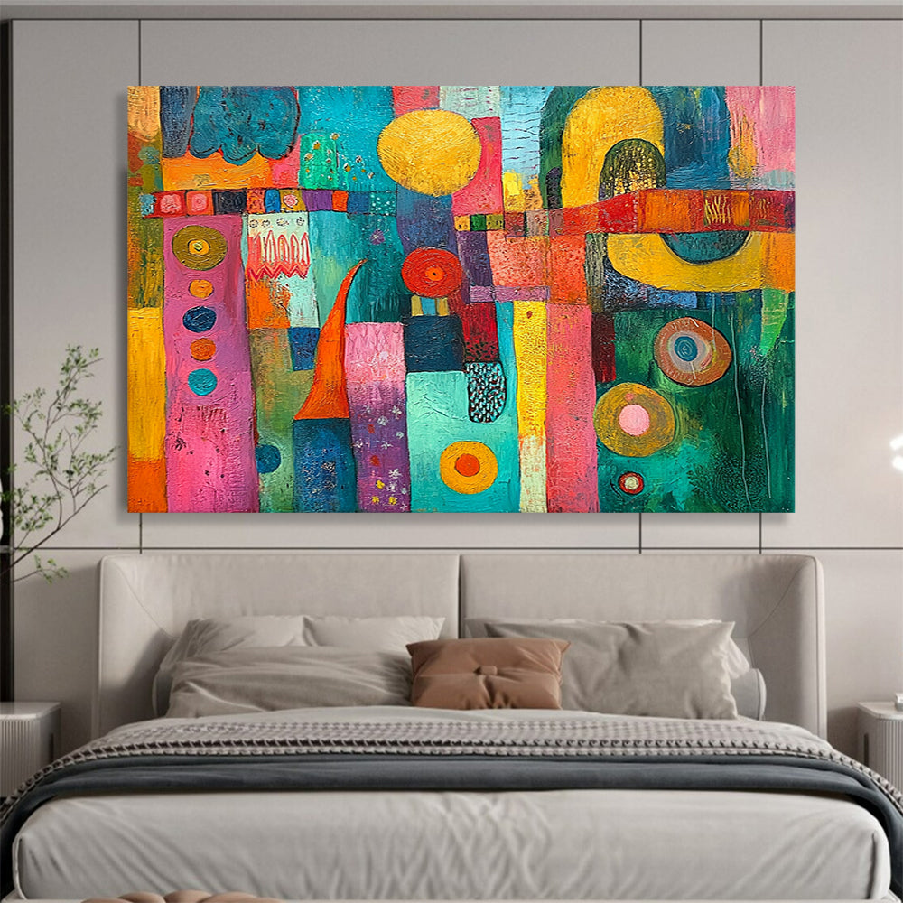 “Vibrant Colorful Mosaic” - Pink, Blue, Yellow, Mixed Patterns - Folk - Inspired Acrylic Painting HB1521