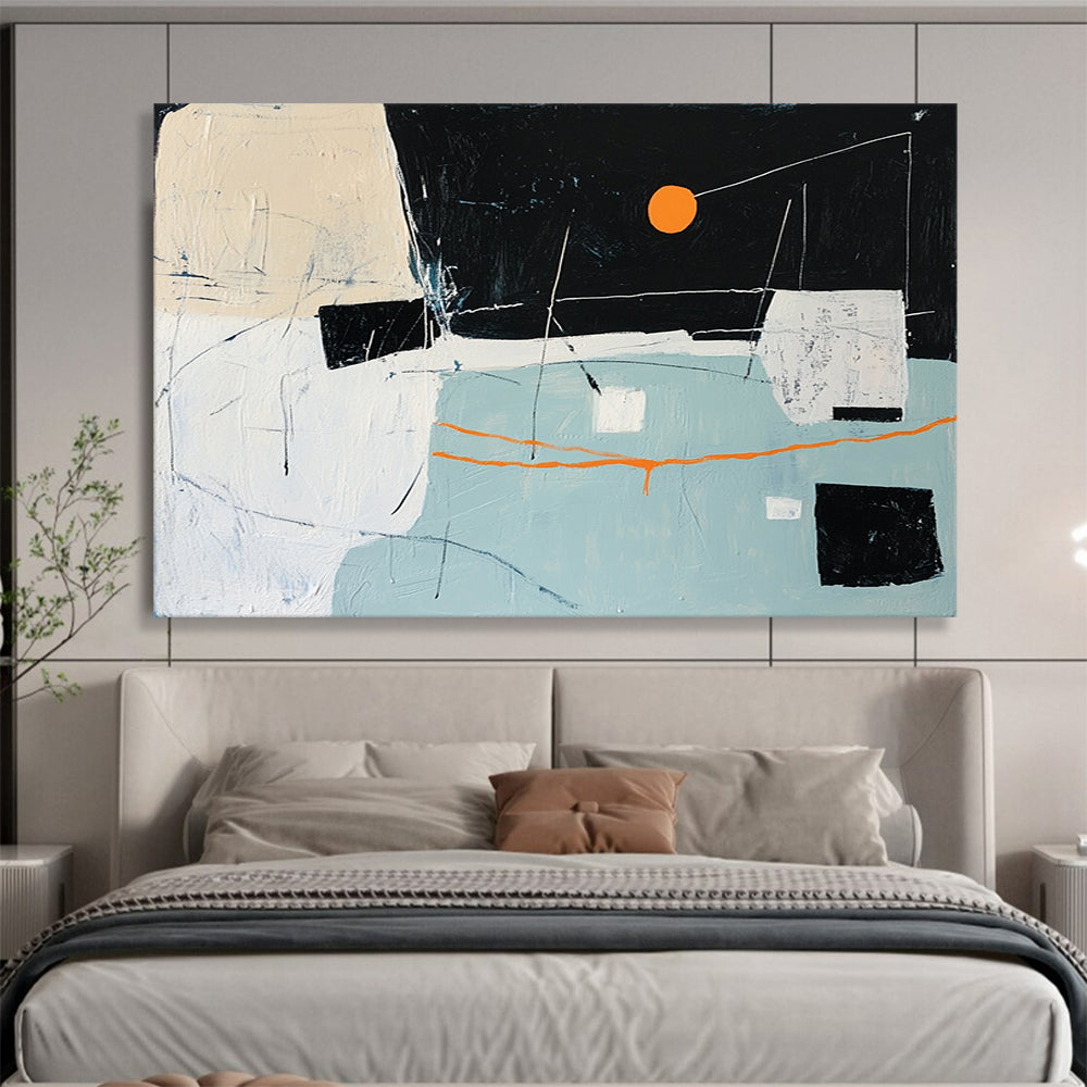 “Abstract Night Sky with Orange Sun” - Black, Orange, White, Blue, Abstract Forms - Painting On Canvas HB1417