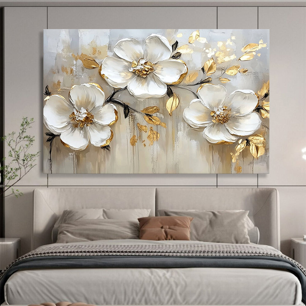 “White Flowers with Gold Edges on Beige” - White, Gold, Beige, White flowers with gold edges on beige - Impasto Oil Painting HB1787