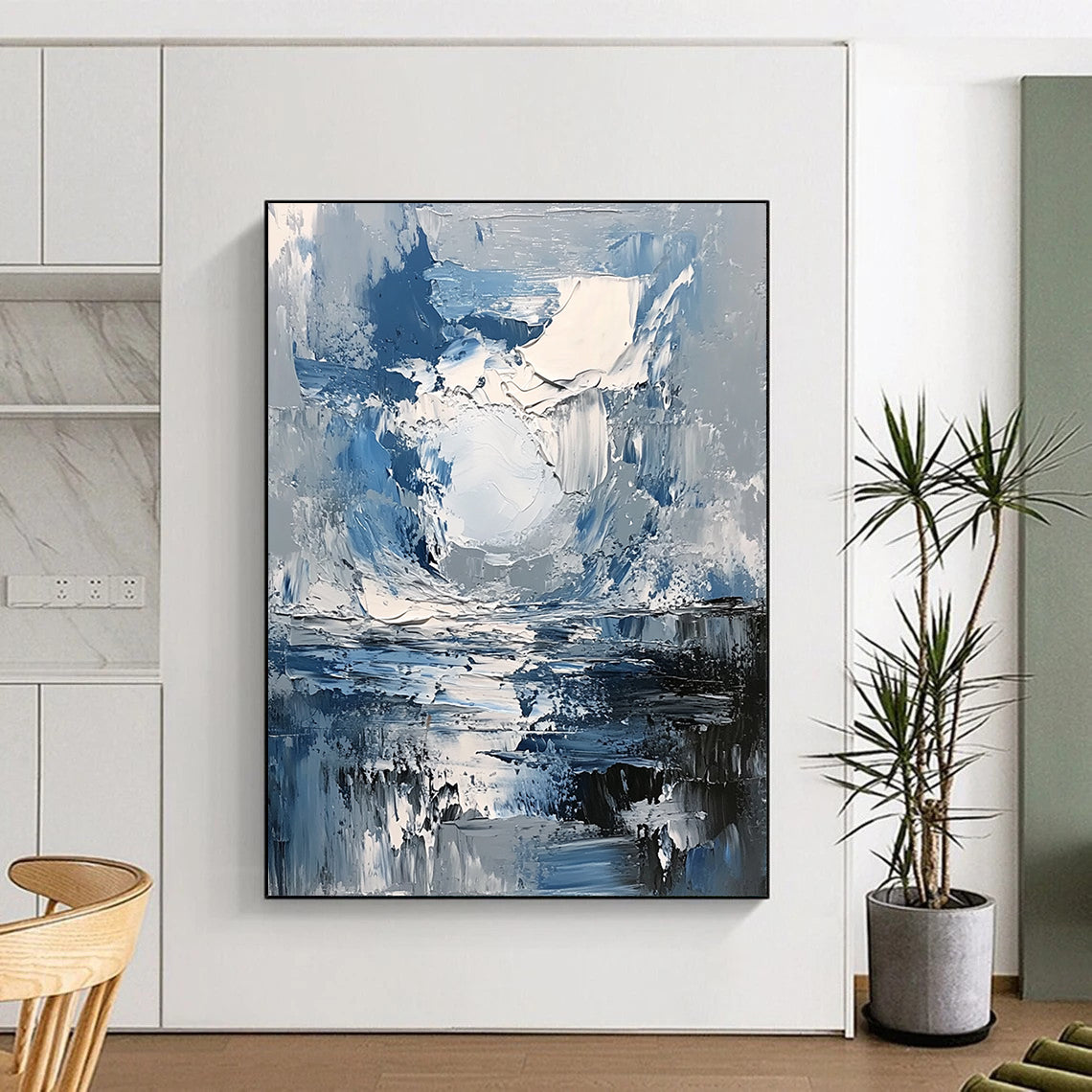 Contemporary abstract painting featuring a dynamic grey and blue stormy sky with a central white sun illuminating the reflective water below using thick impasto strokes. DLZ0600