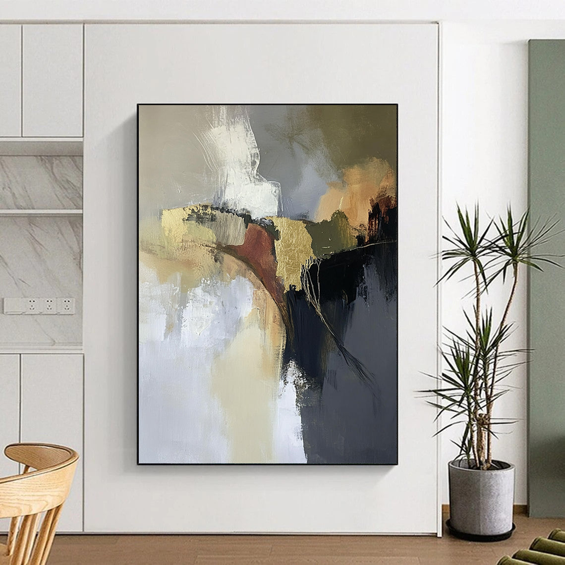 Contemporary hand-painted abstract artwork featuring aerial landscapes in neutral tones with gold and brown accents creating a dreamy atmospheric effect. DLZ0449