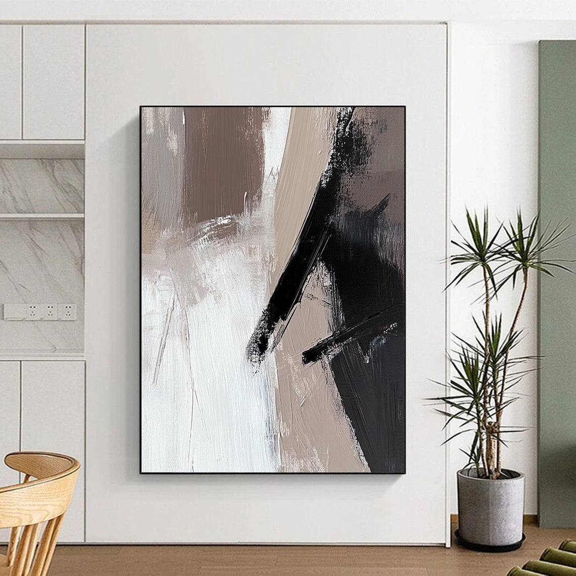 Large contemporary abstract painting featuring beige and white tones with black brush strokes on oil wood panel ideal for modern decor. DLZ0698