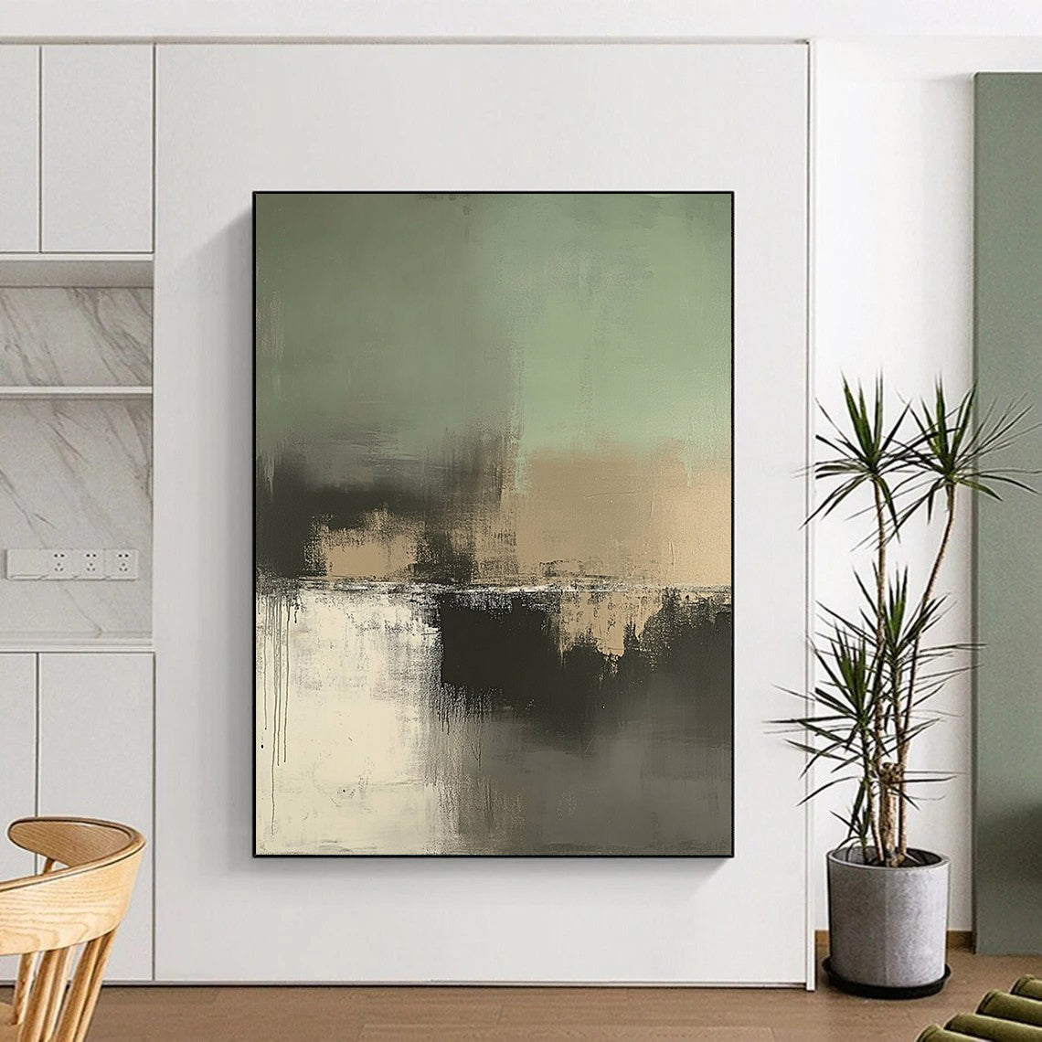 Large contemporary hand-painted abstract artwork featuring soft sage green, beige, and gray tones for a serene and sophisticated aesthetic. DLZ0442