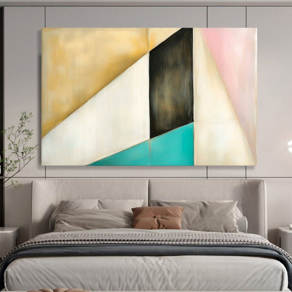 “Geometric Color Block” - Gold, Black, White, Pink, Teal, Geometric Shapes - Painting On Canvas HB1436