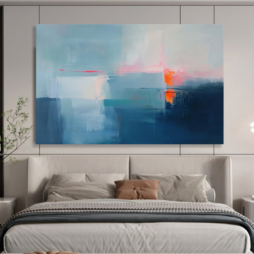 “Subtle Abstract Horizon in Blue” - Blue, white, pink, orange; Subtle abstract horizon with soft colors; Acrylic Painting On Canvas HB1274
