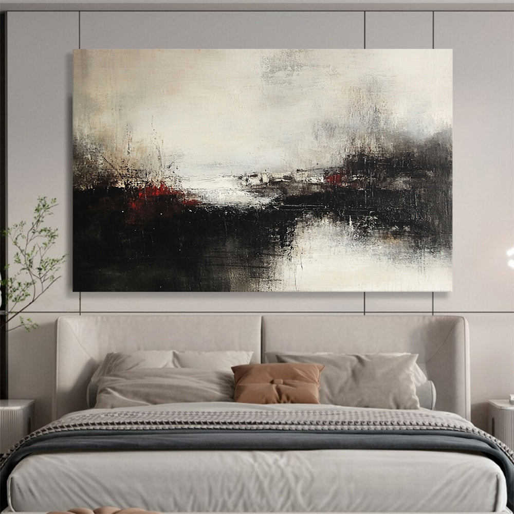 Black, White, and Red Abstract Landscape - “Moody Terrain” Painting On Canvas HB1450