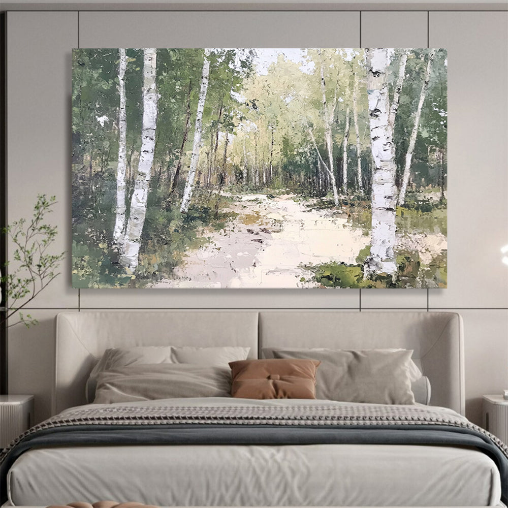 “Birch Forest Path” - Greens, Whites, Earthy Browns, Forest Path - Oil Painting HB1619