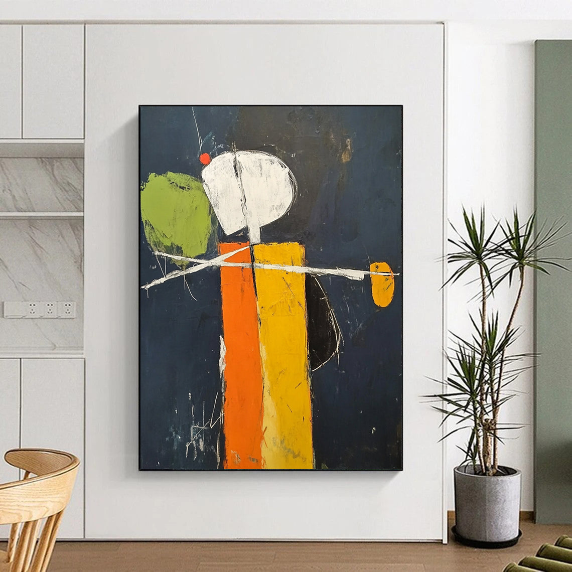 Contemporary hand-painted abstract art featuring a minimalistic orange and yellow figure on a dark blue background with green accents and visible brush strokes DLZ1581