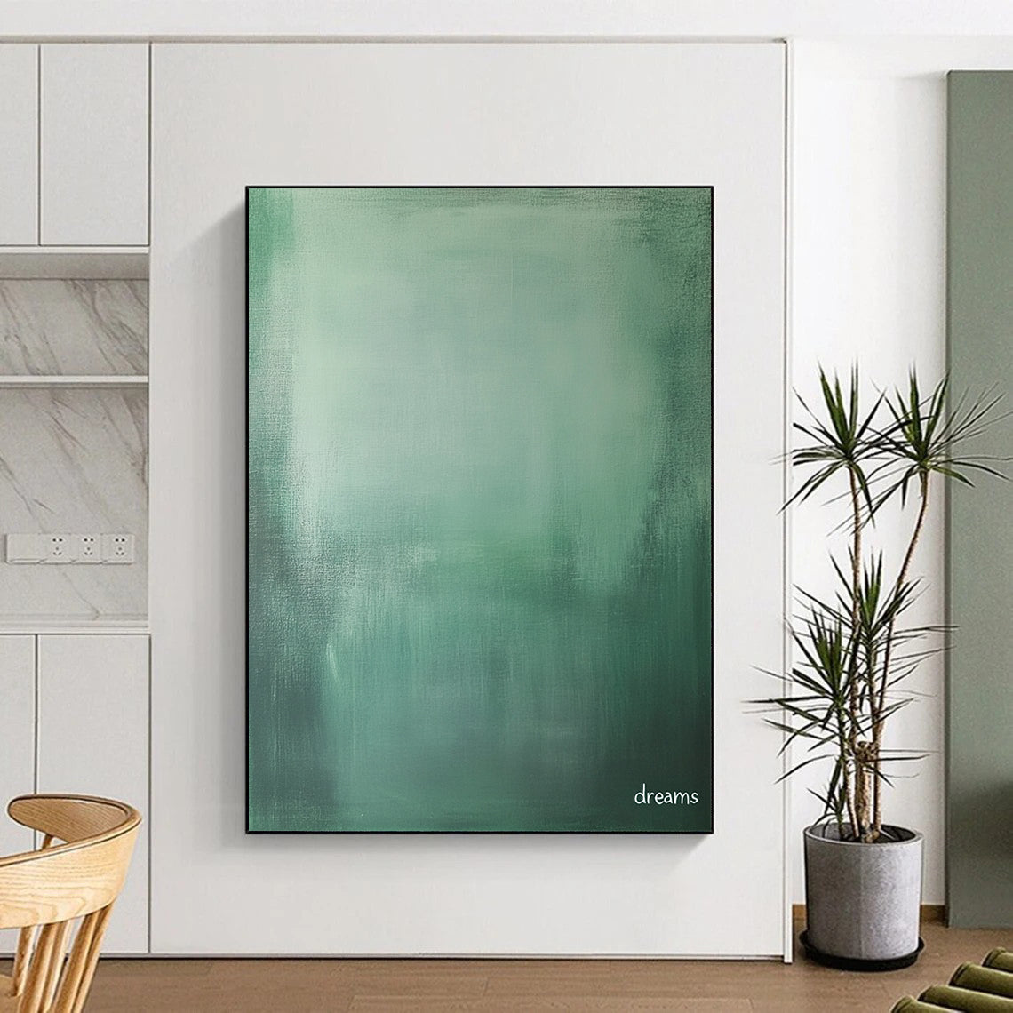Contemporary abstract art features a tranquil green and grey gradient with the word dreams in white, perfect for evoking nostalgia and solitude in photography. DLZ1283