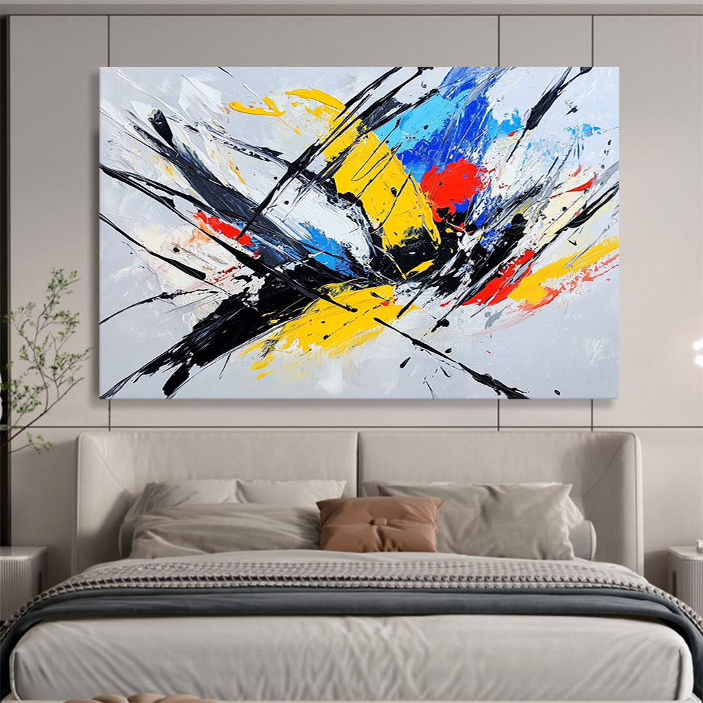 “Dynamic Color Splashes and Black Strokes” - Yellow, blue, red, black, white; Energetic color splashes with bold black strokes; Expressive Acrylic Painting On Canvas HB1201