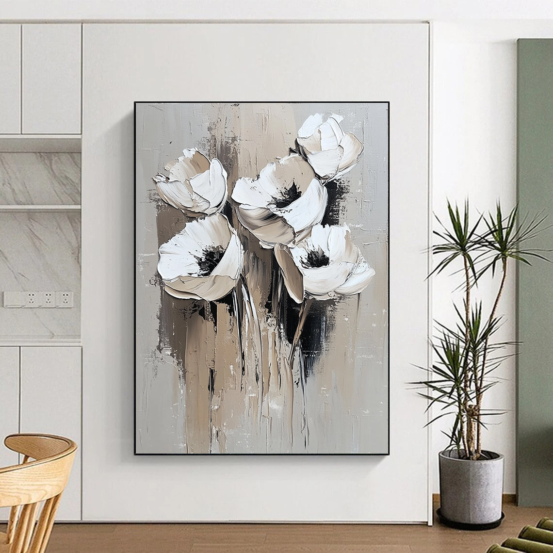 Contemporary abstract painting featuring white flowers with minimal detail in oil strokes on a grey background perfect for modern decor. DLZ0671