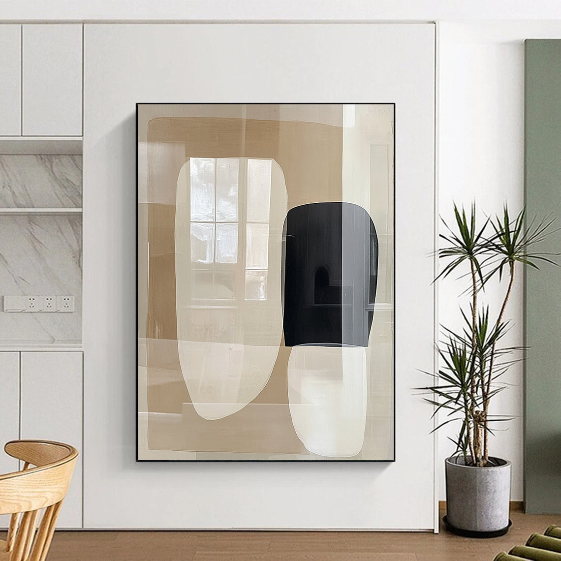 Contemporary abstract painting featuring large beige and white shapes with negative space and a central black form reflecting windows on a glass surface. DLZ1631