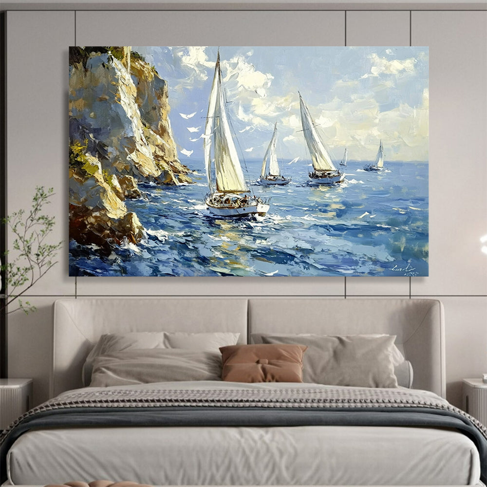 Blue, White, Yellow and Green Seascape with Sailboats "Sailing Serenity" Painting On Canvas HB0661