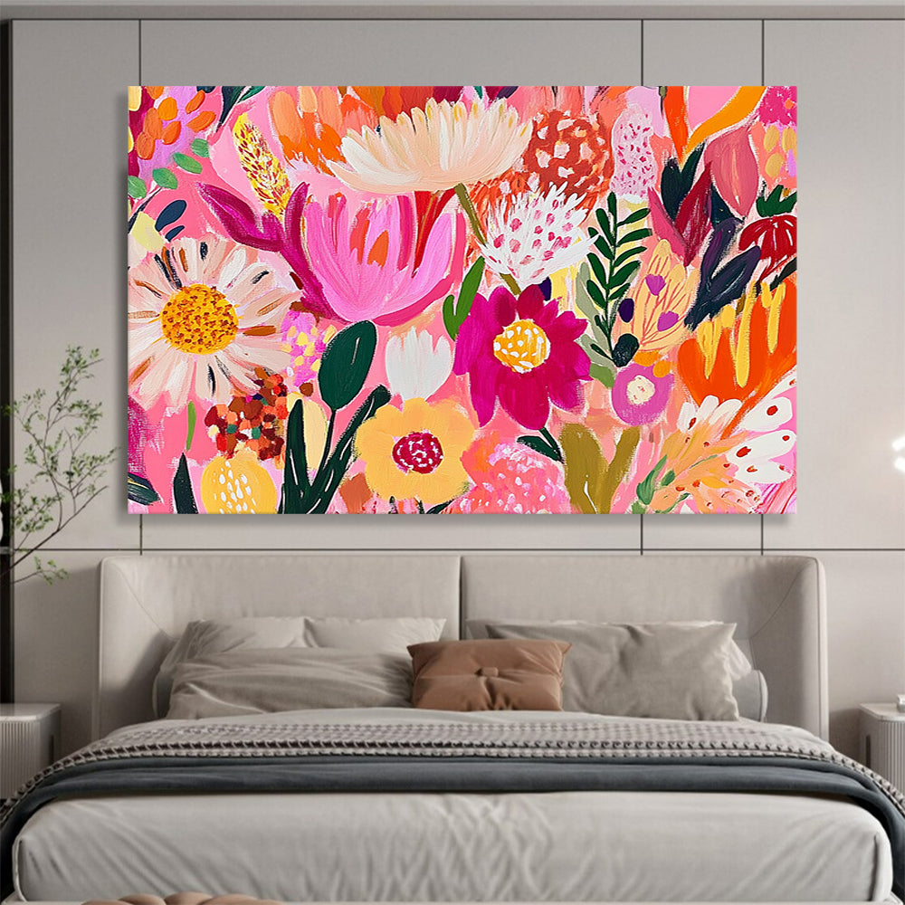 “Pink - Hued Floral Carnival” - Bright Pinks, Oranges, Yellows, Playful Flower Explosion - Contemporary Acrylic Painting HB1725