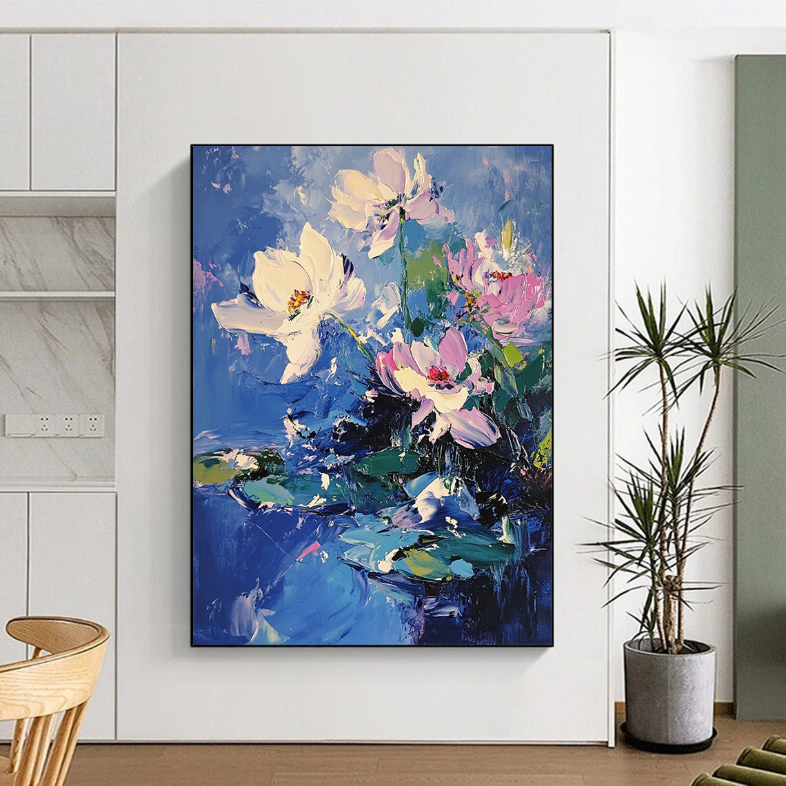 Contemporary abstract painting featuring bold brushstrokes and vibrant lotus flowers with pink accents on blue water, creating depth and movement through light and shadow. DLZ0377