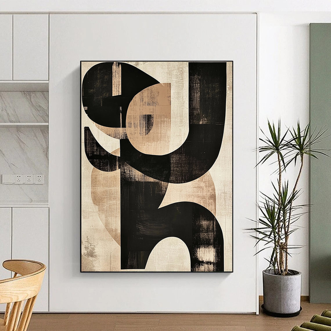 Large contemporary hand-painted abstract art featuring black and beige shapes with prominent S letters on textured paper. DLZ0295
