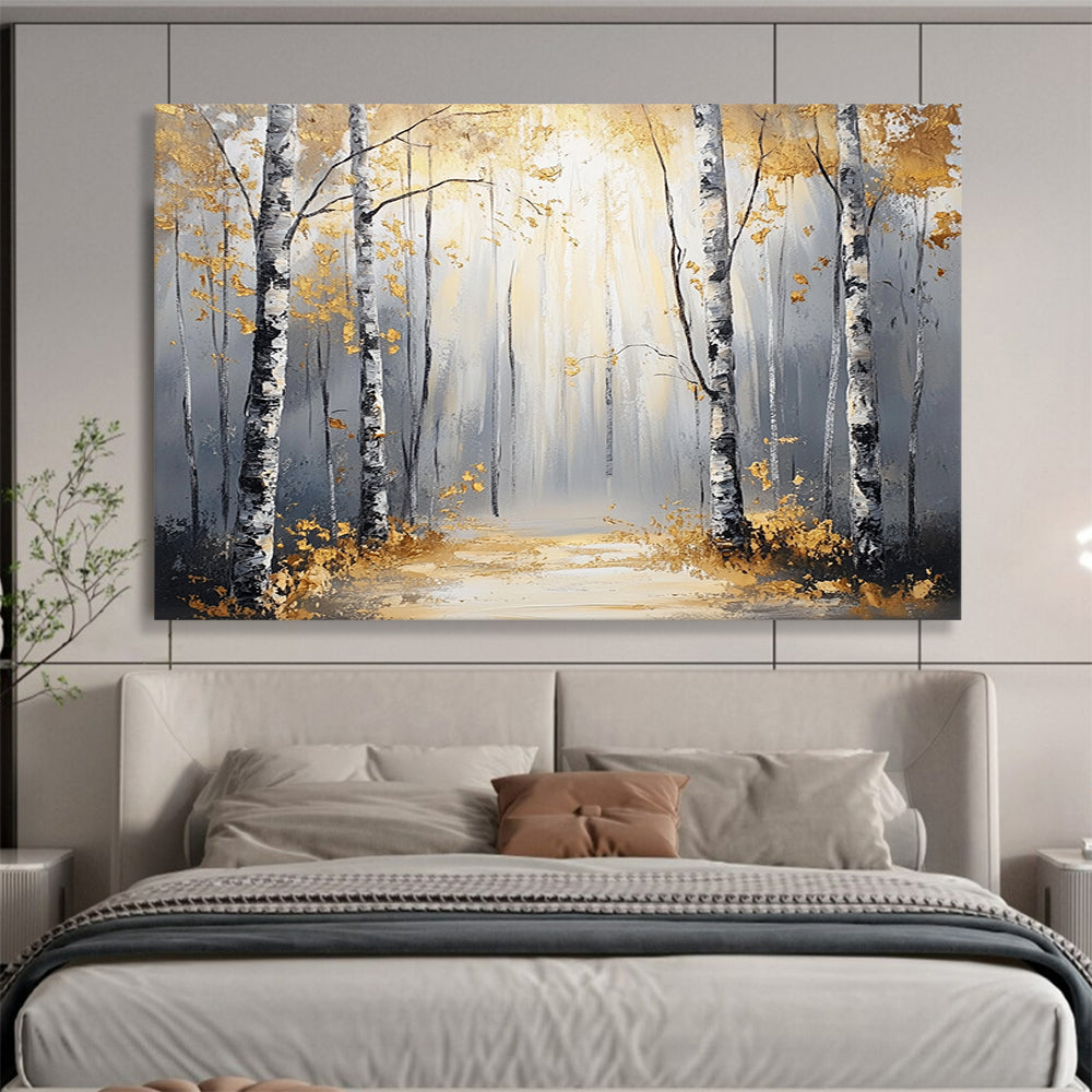 “Sunlit Golden Birch Forest Path” - Gold, Gray, Birch Trees, Forest Path - Abstract Landscape Painting HB1684