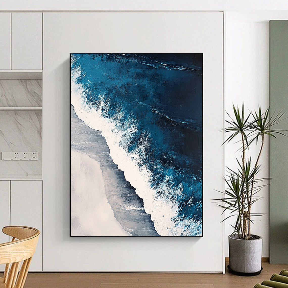 Contemporary abstract painting featuring oceanic waves in surreal blues and whites with textured details capturing nature's beauty in a hyper-realistic style. DLZ0846
