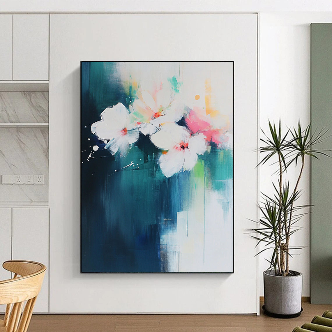 Contemporary abstract art featuring bold brush strokes on a white backdrop with aqua blue and pink floral accents. DLZ0750
