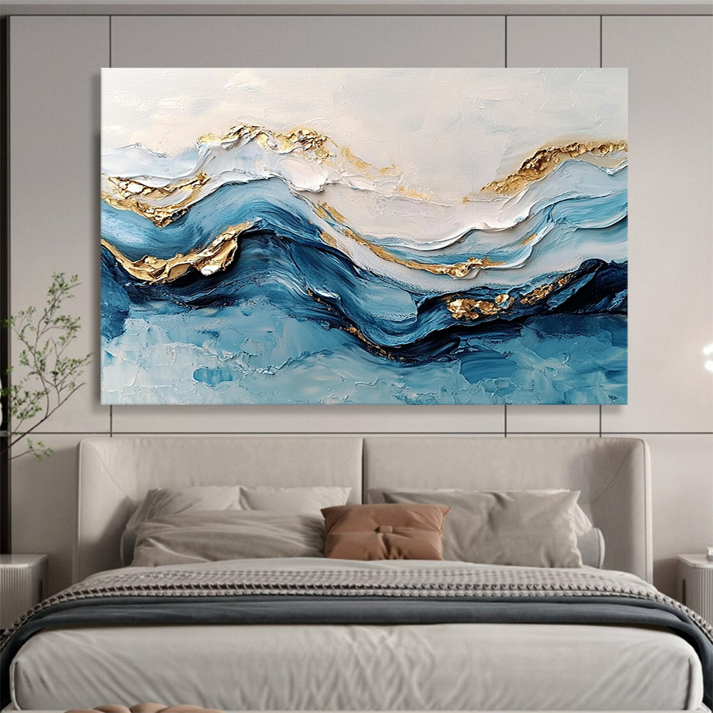 “3D Textured Wave Art” - Blue, White, Gold, 3D Textured Wave Painting On Canvas HB0972