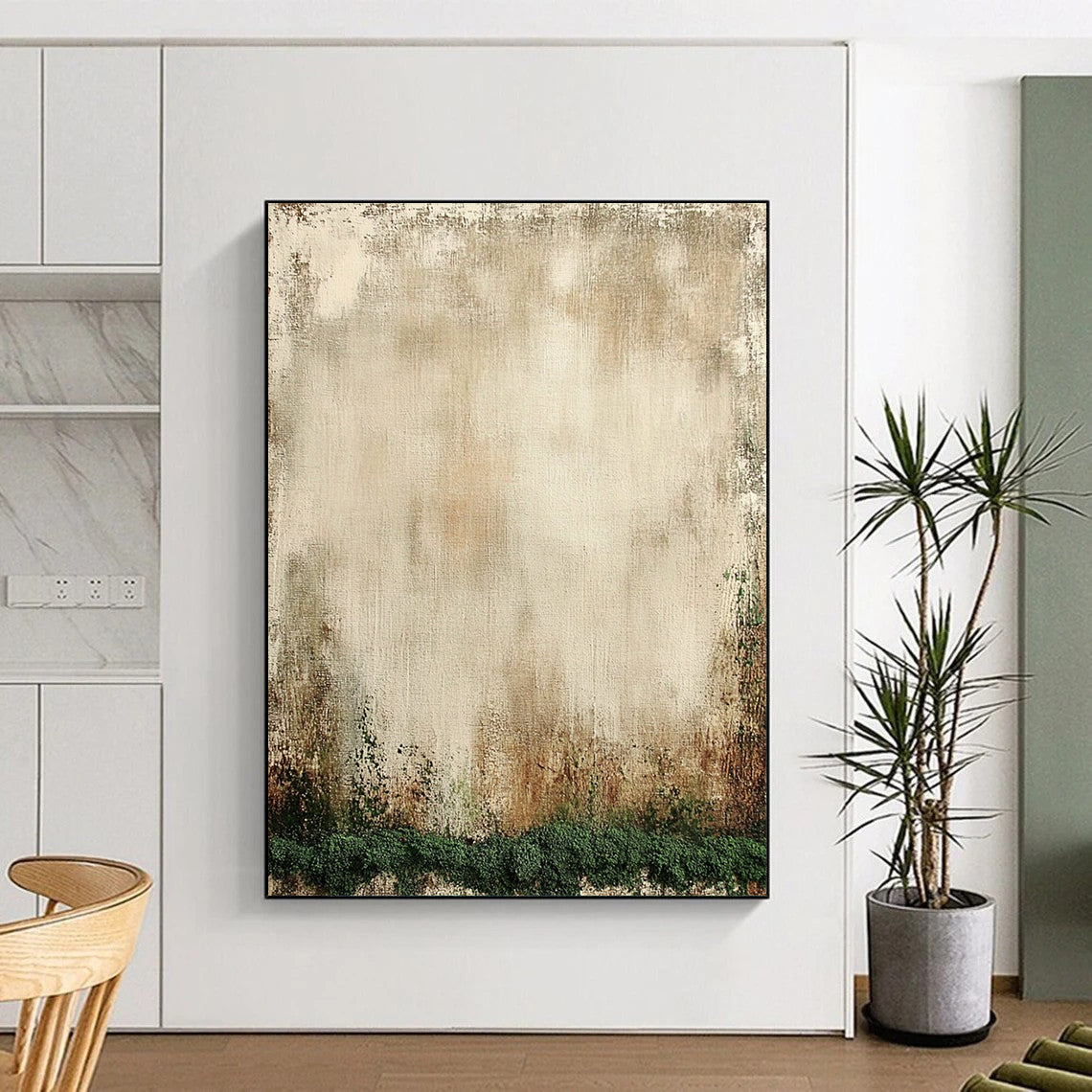 Contemporary hand-painted abstract artwork featuring aged beige canvas, mossy texture, distressed edges, and soothing neutral tones. DLZ1136