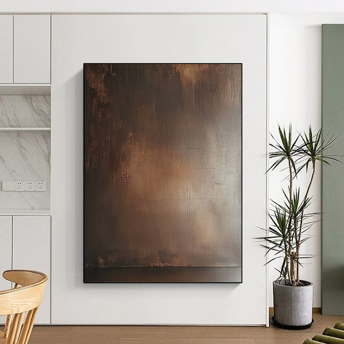 Contemporary abstract painting featuring a textured brown wall with subtle sheen and earthy tones enhancing a moody atmosphere. DLZ1690