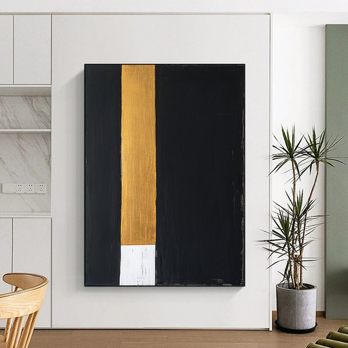 Black, Gold, White, Vertical Stripes "Elegant Divide" Abstract Modernist Painting On Canvas HB113