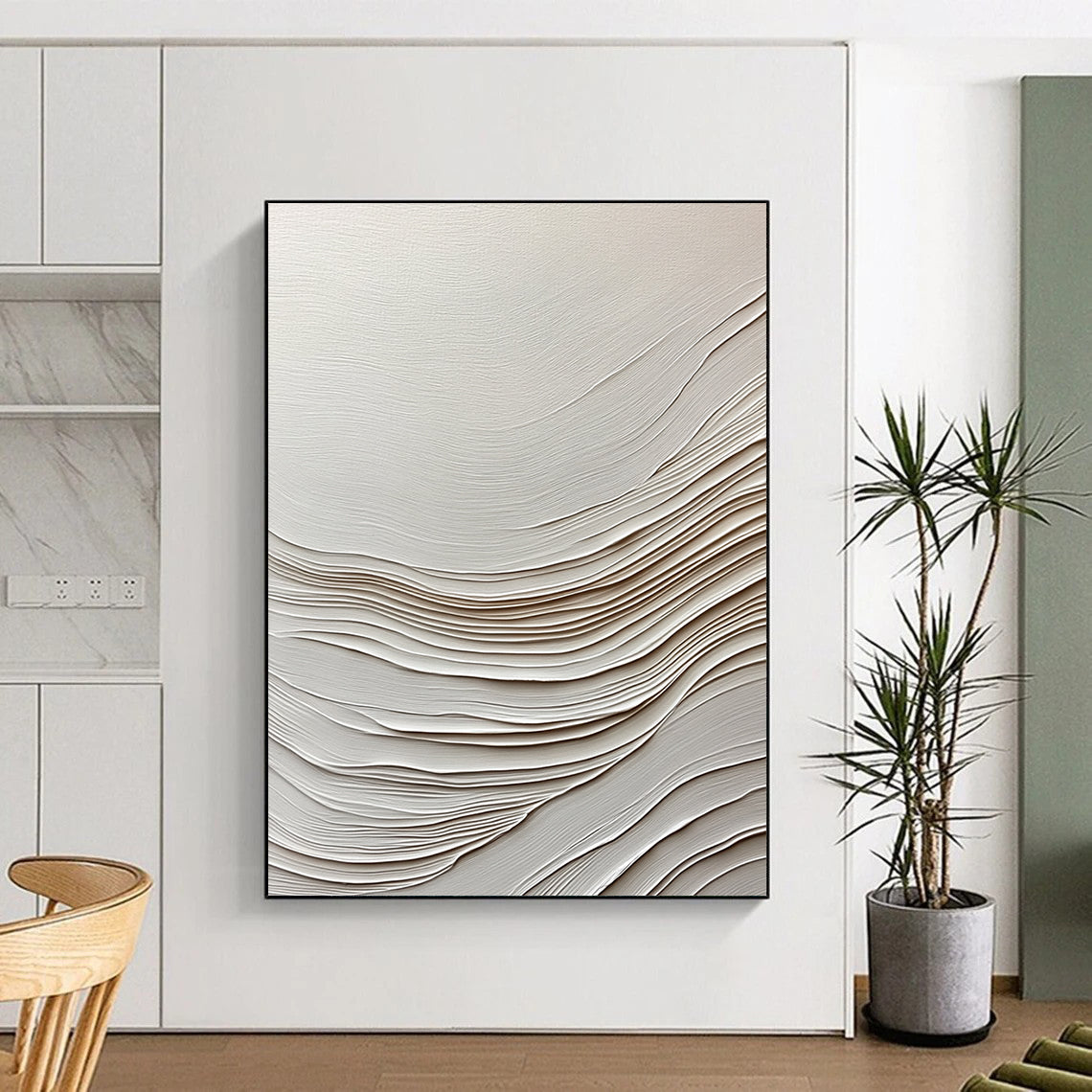Contemporary hand-painted abstract artwork features smooth white paper with gentle wave-like lines, creating a serene and elegant visual experience. DLZ1233