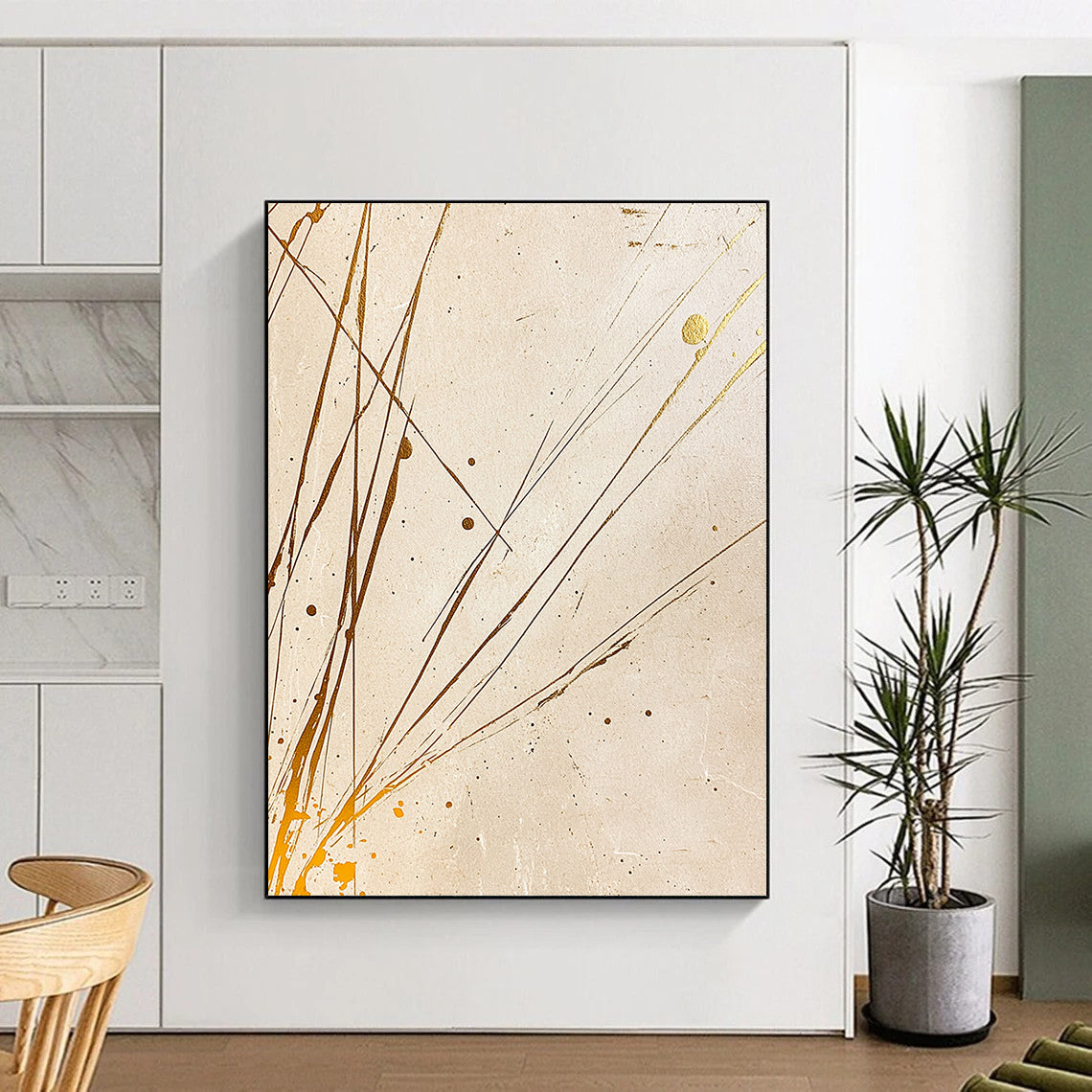 Beige, Gold, Splattered Lines "Earthy Elegance" Abstract Painting On Canvas HB033