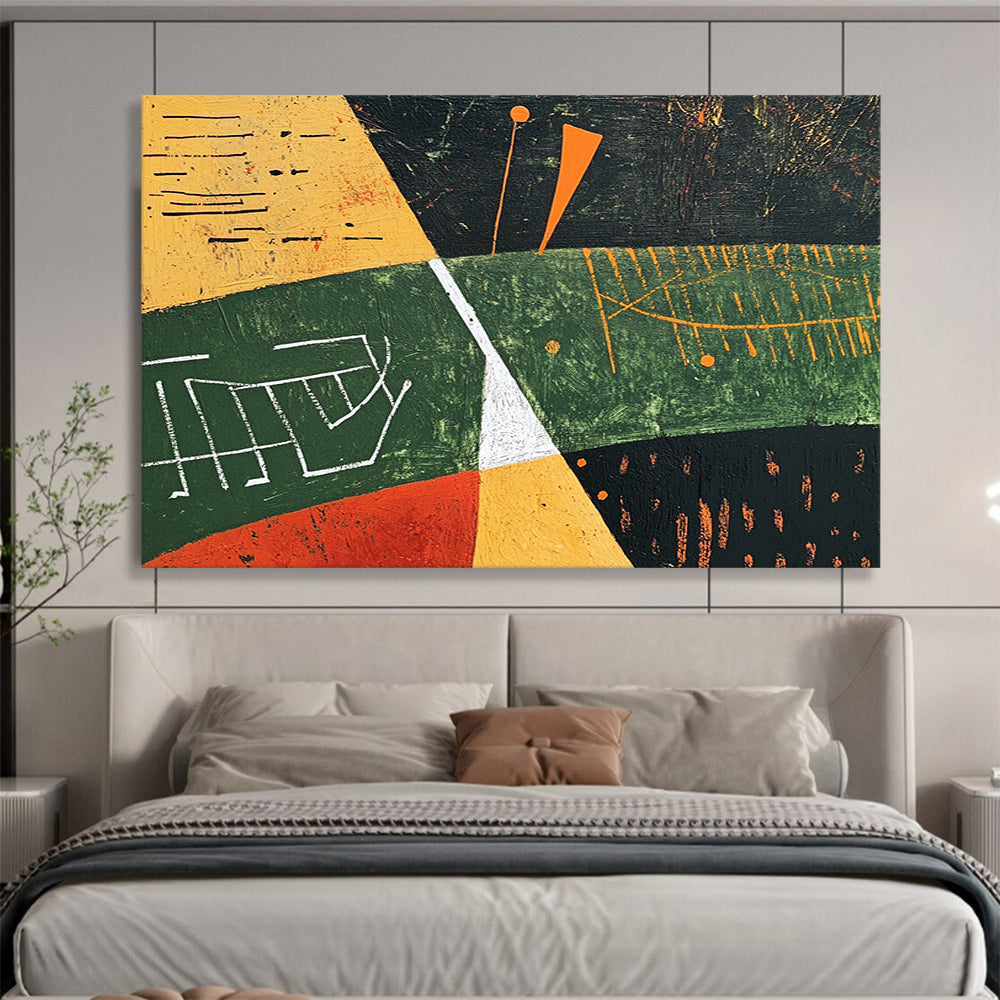 “Geometric Landscape Abstract” - Green, Yellow, Orange, Black, White, Geometric Fields, Symbols - Painting On Canvas HB1445