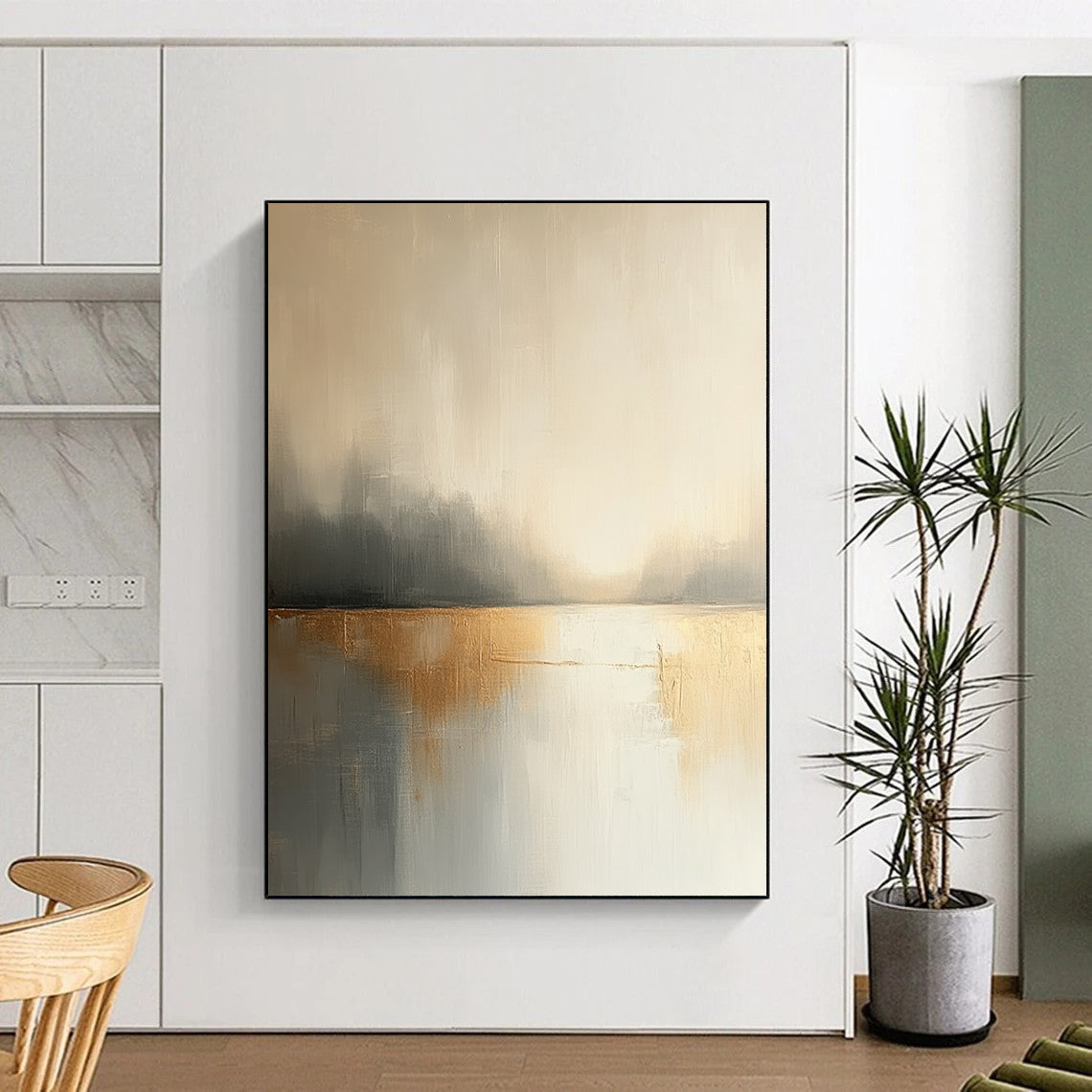 Contemporary hand-painted abstract artwork features neutral tones of beige and white with hints of gold soft edges and a dreamy blurred effect. DLZ0875