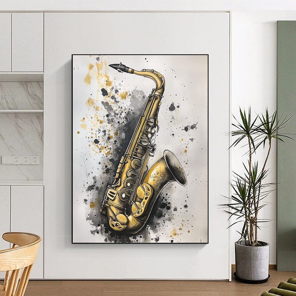 Contemporary hand-painted abstract artwork featuring an old saxophone in gold and silver hues against a soft gray background, creating striking contrast and depth. DLZ1507