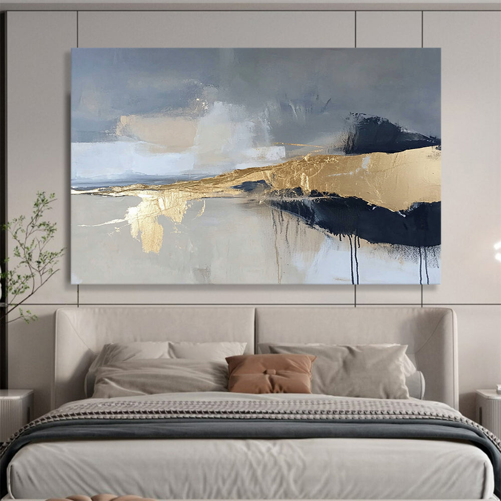 “Gilded Mist” - Gray, Gold, Black, Abstract Textured Landscape Painting On Canvas HB1068
