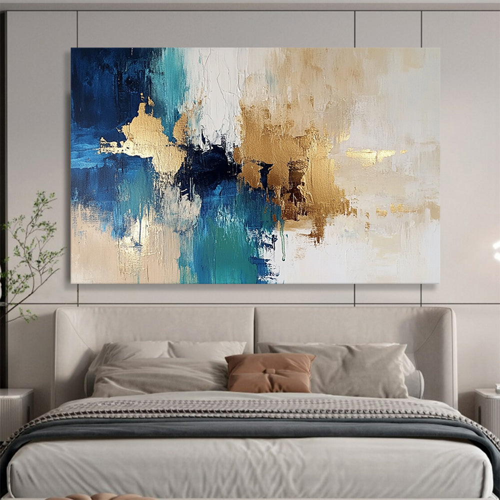 “Blue and Gold Abstract Fusion” - Blue, Gold, White, Abstract Color Fusion Painting On Canvas HB0968