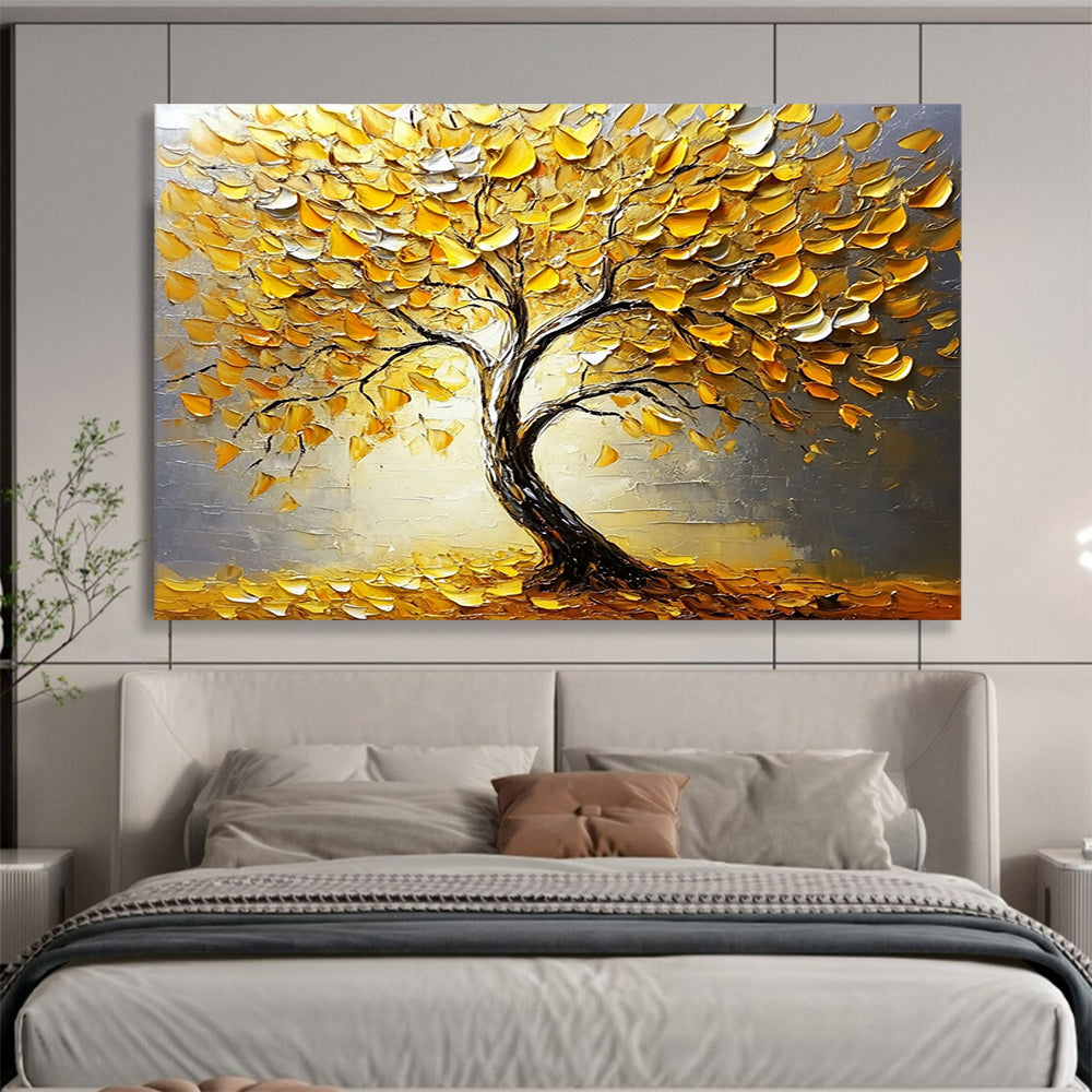 “Textured Golden Tree” - Gold, Gray, 3D Golden Leaves, Tree - Impasto Oil Painting HB1678