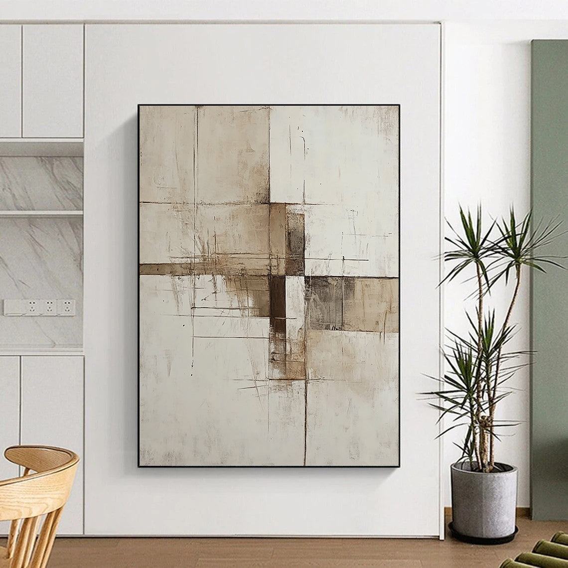 Contemporary hand-painted abstract artwork featuring minimalist deconstructed forms in beige white and brown inspired by architectural structures. DLZ0540
