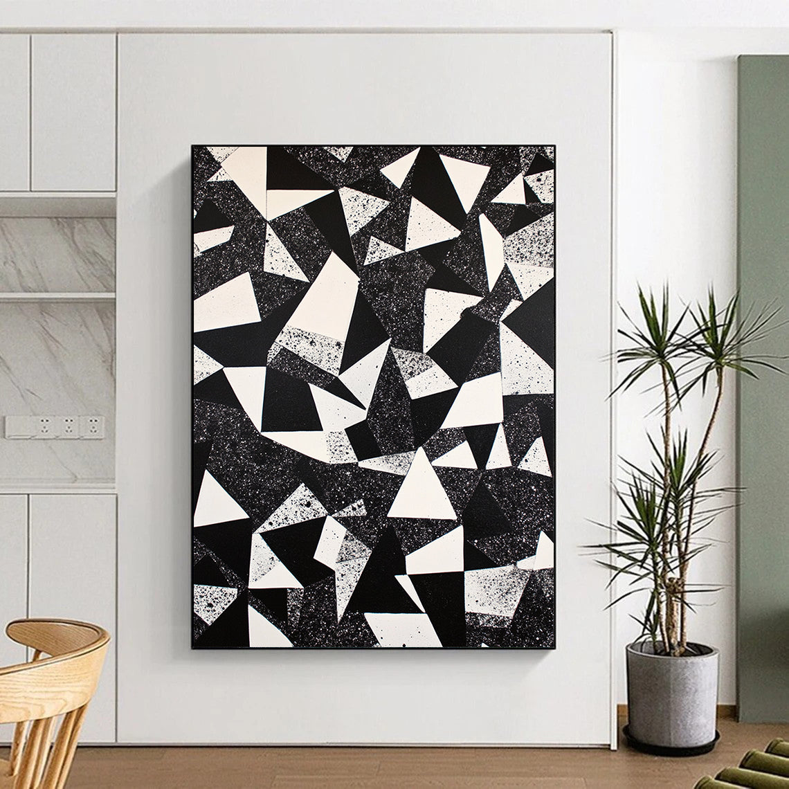 Black, White and Speckled Geometric Triangles "Starry Triangles" Painting On Canvas HB391