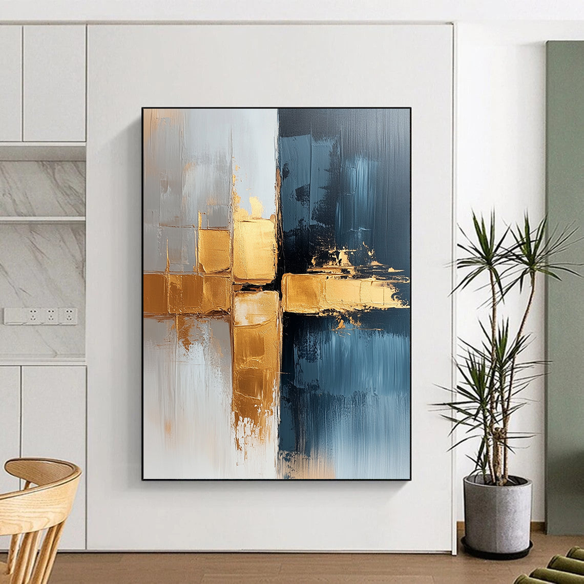 Contemporary hand-painted abstract art featuring a luxurious blend of white and gold tones with gray-blue gradients and striking brushstrokes for a unique visual experience. DLZ0778