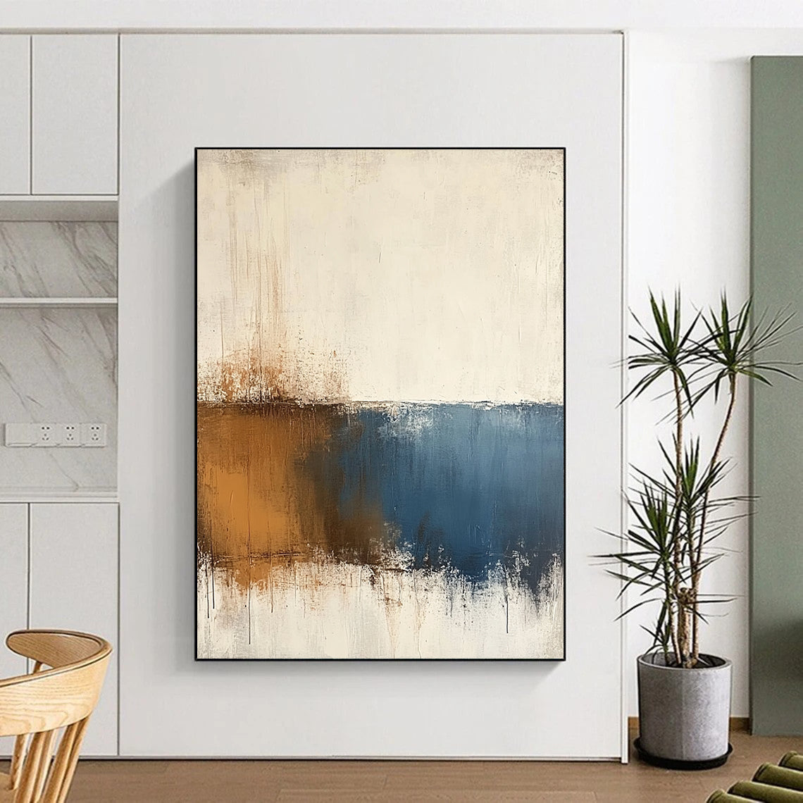 Contemporary hand-painted abstract art features beige and blue tones on a textured white background with minimalist soft edges and subtle brown accents. DLZ0725
