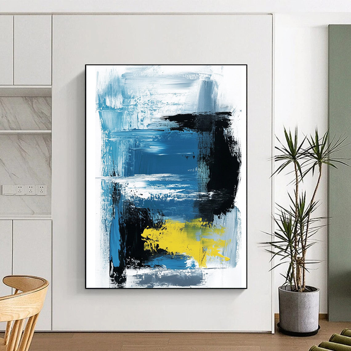 Large contemporary hand-painted abstract artwork featuring thick brush strokes and lines in light blue black and yellow on a white background by Amippo. DLZ1702