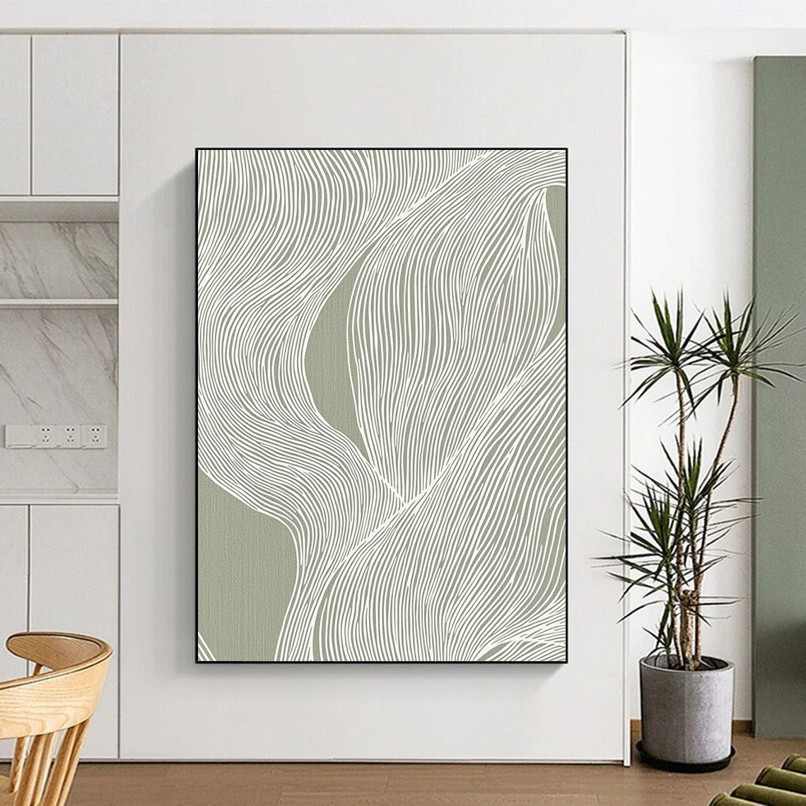 Contemporary hand-painted abstract artwork featuring fluid white lines on a gray background inspired by Edo woodblock prints, perfect for elegant interior decor. DLZ1431