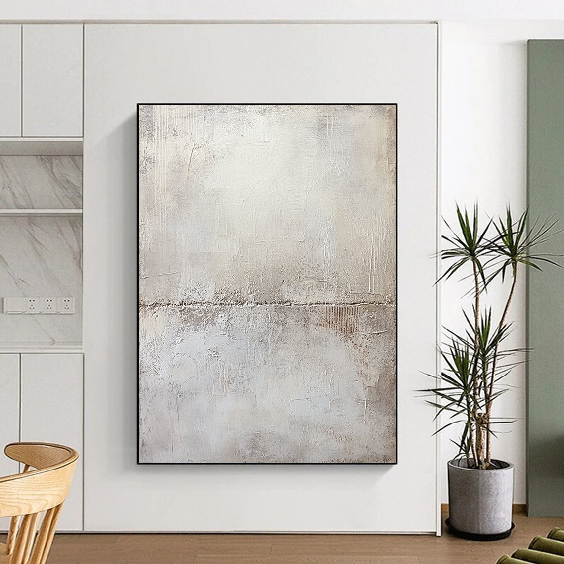 Large contemporary hand-painted abstract artwork featuring a textured white plaster wall with subtle gray tones and mysterious organic shapes in pale cream and beige. DLZ0583