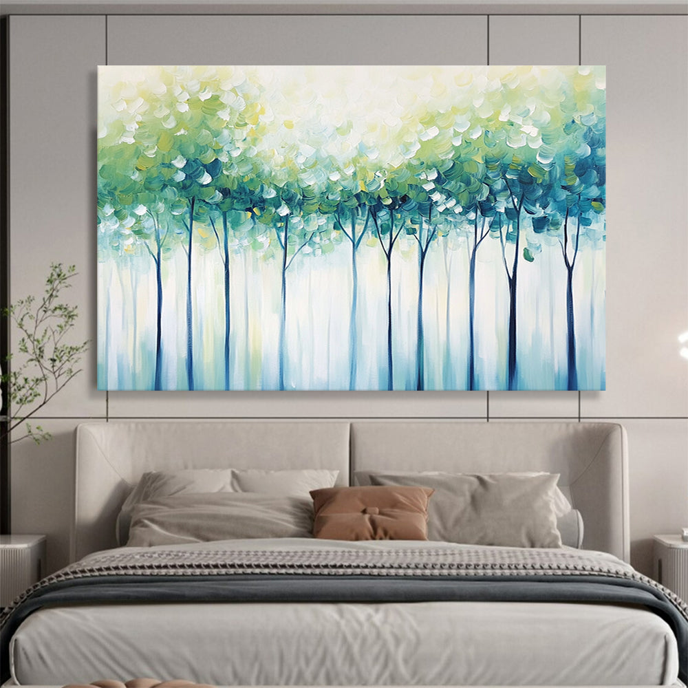“Soft Green Tree Canopy” - Green, Blue, Dreamy Tree Landscape Painting On Canvas HB0882