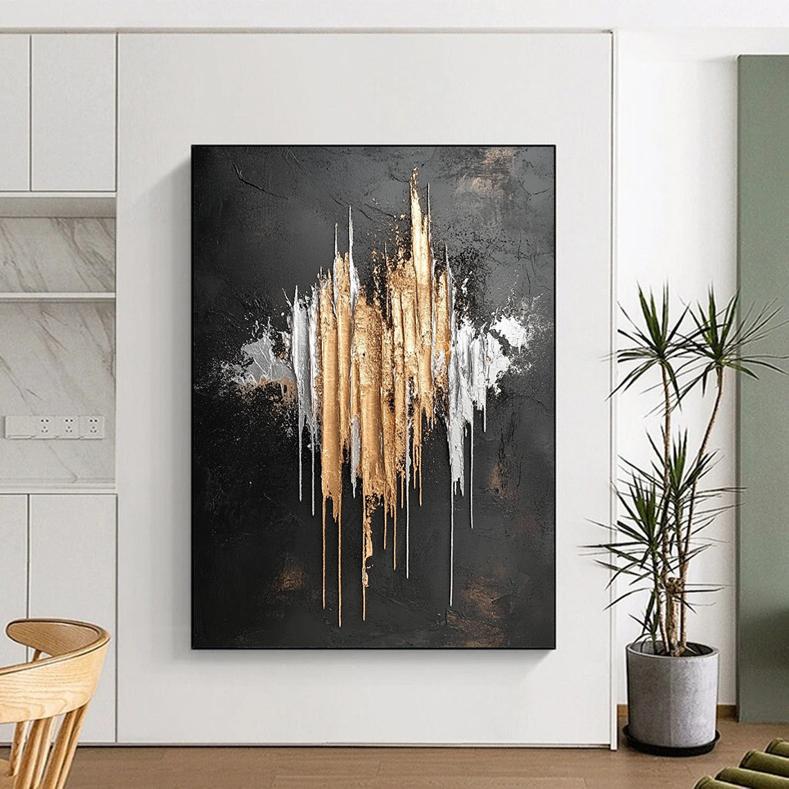 Contemporary hand-painted abstract artwork featuring silver and gold metallic drips on a striking black background inspired by Jackson Pollock. DLZ0802