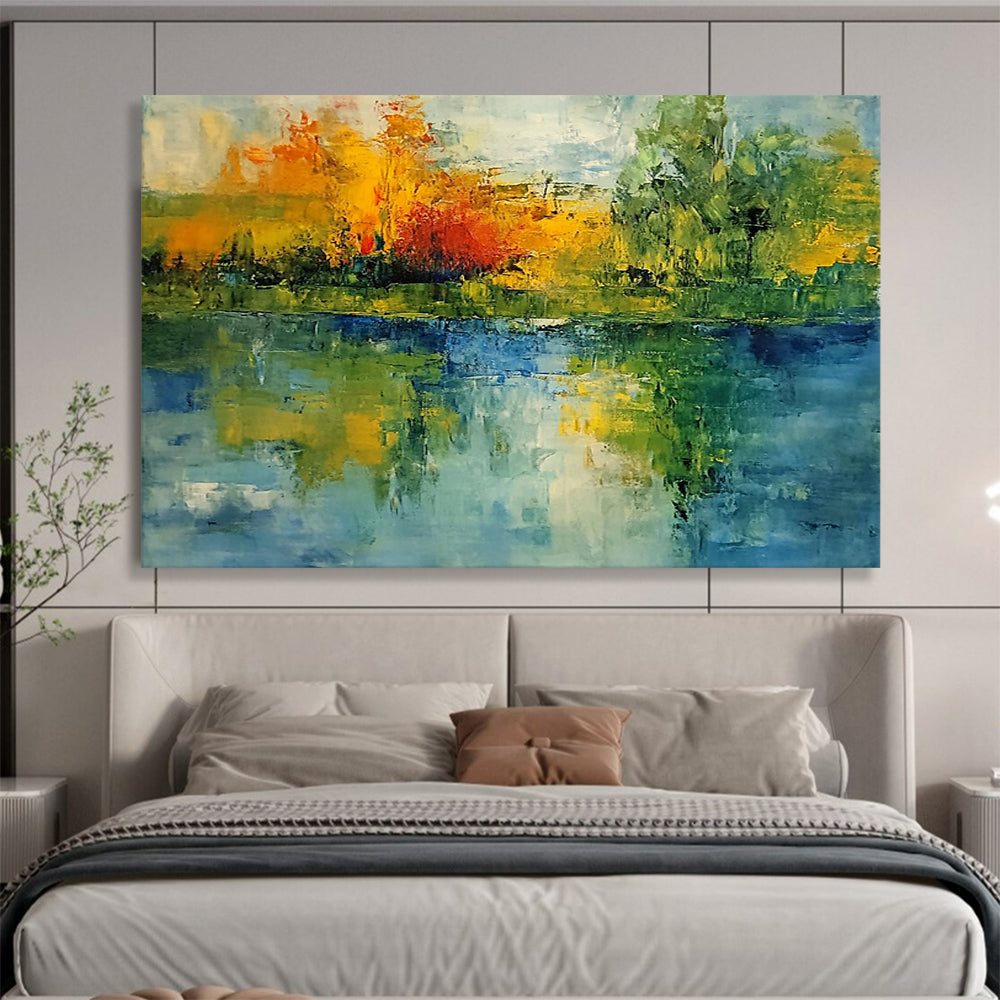 “Colorful Lake Reflection” - Green, Blue, Yellow, Abstract Tree Reflections Painting On Canvas HB0949