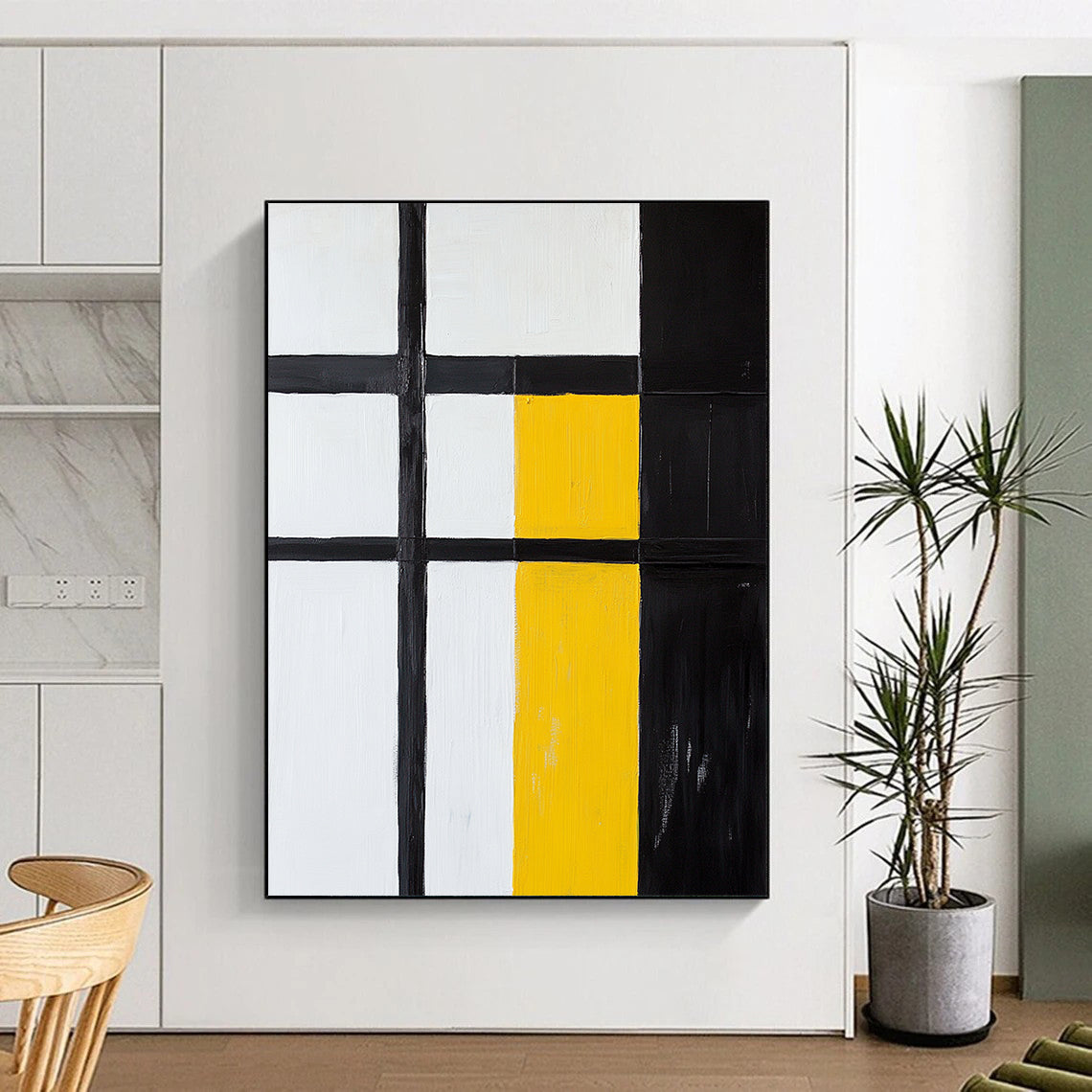 Black, White, Yellow, Geometric Squares "Primary Geometric Squares" Abstract Neo - Platicist Painting On Canvas HB159