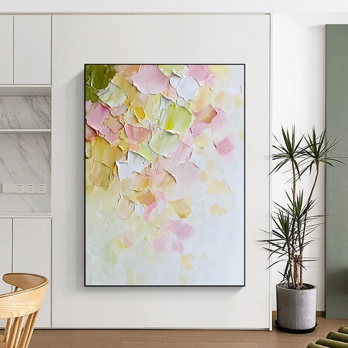 Contemporary hand-painted abstract art features soft pastel petals on textured canvas evoking warmth and serenity in a minimalist springtime style. DLZ1192
