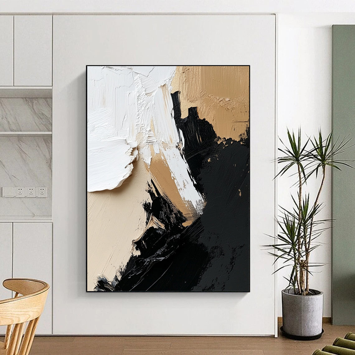 Large contemporary hand-painted abstract artwork featuring dynamic black, white, and beige textures for a striking wall display. DLZ0322